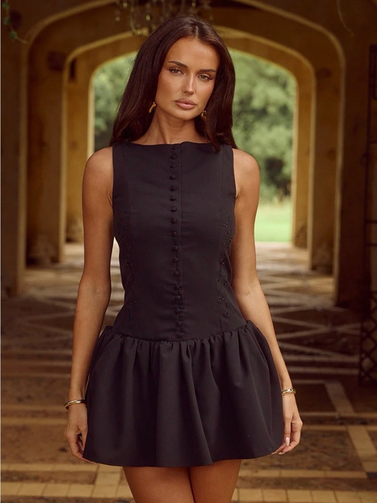 Dresses & Skirts - Sleeveless Black Mini Dress with Button-Front Bodice